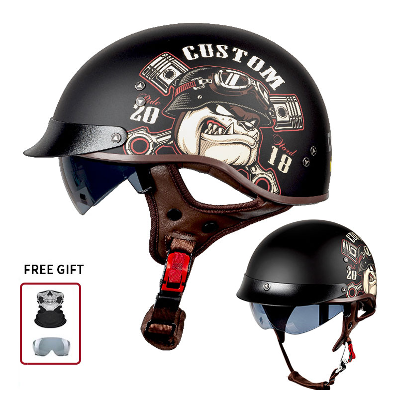 Vintage Open Face Retro Helmet - Özel Bulldog Motor Pistonu Baskılı Vintage
